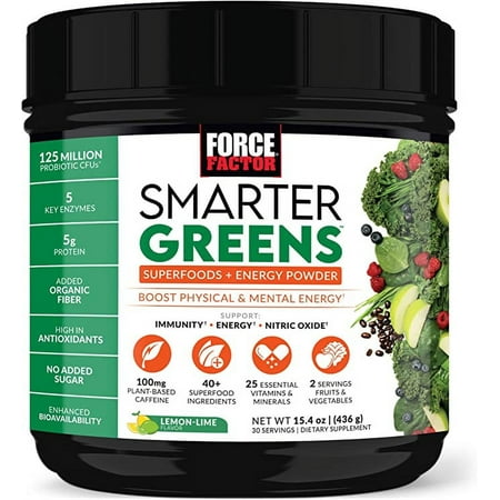 Force Factor Smarter Greens Superfoods Energy Powder, Greens Powder with Caffeine and Probiotics for Energy & Digestion, Lemon Lime, 30 Servings