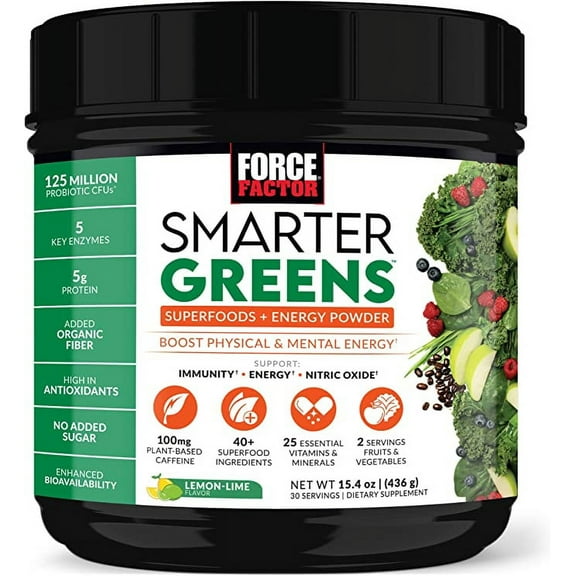 Force Factor Smarter Greens Superfoods Energy Powder, Greens Powder with Caffeine and Probiotics for Energy & Digestion, Lemon Lime, 30 Servings