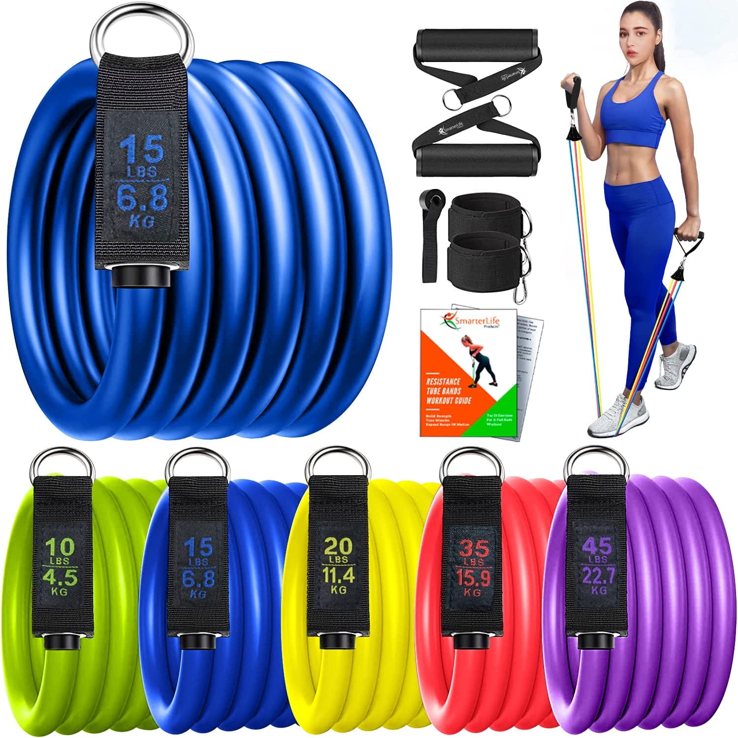 SmarterLife Resistance Tube Bands Exercise Bands for Working Out, 5-Pc Set  