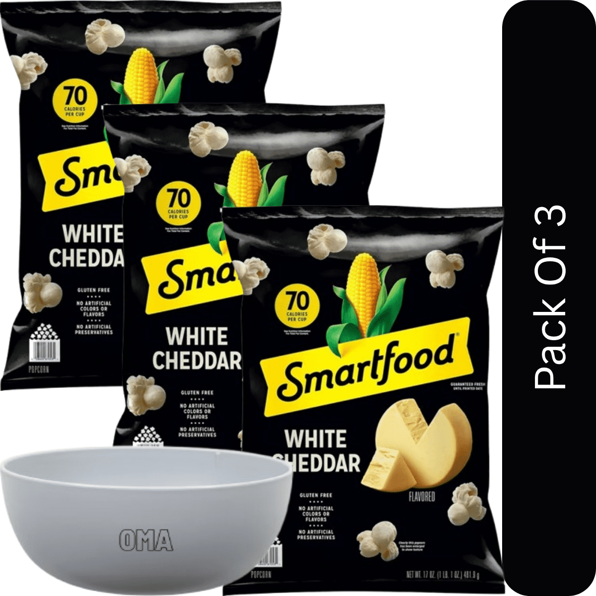 Smartfood White Cheddar Popcorn, 17 oz -3pk, With Olive White Bowl By OMA