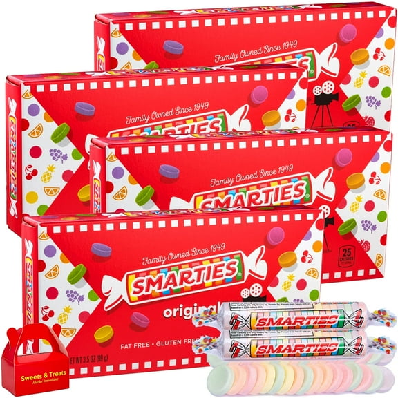 Smarties Original Candy Rolls 4 Theater Boxes (3.5 oz Each) Fat Free Gluten Free Peanut Free | Individually Wrapped - 14 oz Total