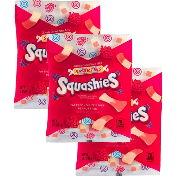 Smarties Squashies, 5 Ounce Bag Each (3 Pack, 15 Ounces Total), Marshmallows Gummies Candy, Gluten Free Candy, Raspberries & Cream Flavored, Fat Free Candy, Peanut Free Candy