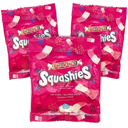 Smarties Squashies Candies - Raspberry and Cream Flavored Marshmallow Soft Foam Gummies - Pack of 3. Comes with YUMMYLAND Sticker