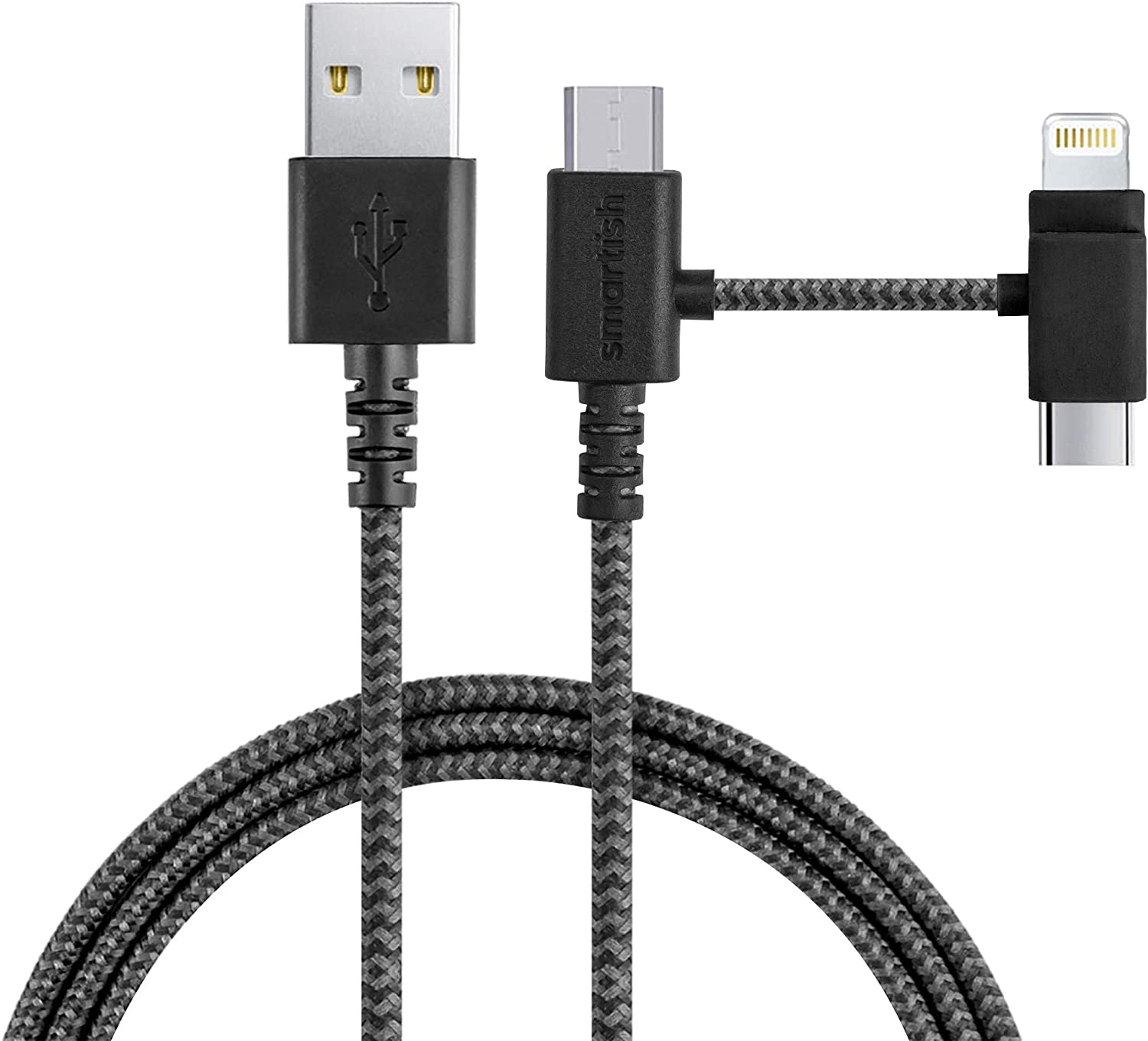 Smartish 3-in-1 Universal Fast Fabric Wrapped 6ft Charging Cable - Crown Joule [Micro USB w/Lightning & USB-C Adapters] Apple MFi Certified for iPhone/iPad/Airpods & Android Phones - No.2 Pencil Gray - image 1 of 5