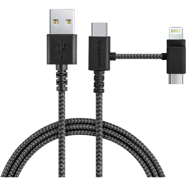 Smartish 3-in-1 Universal Fast Fabric Wrapped 6ft Charging Cable - Crown Joule [Micro USB w/Lightning & USB-C Adapters] Apple MFi Certified for iPhone/iPad/Airpods & Android Phones - No.2 Pencil Gray