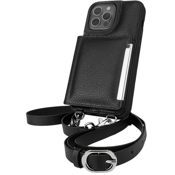 Smartish iPhone 12 Pro Max Crossbody Case - Dancing Queen [Purse/Clutch with Detachable Strap & Card Holder] - Stiletto Black-Silver