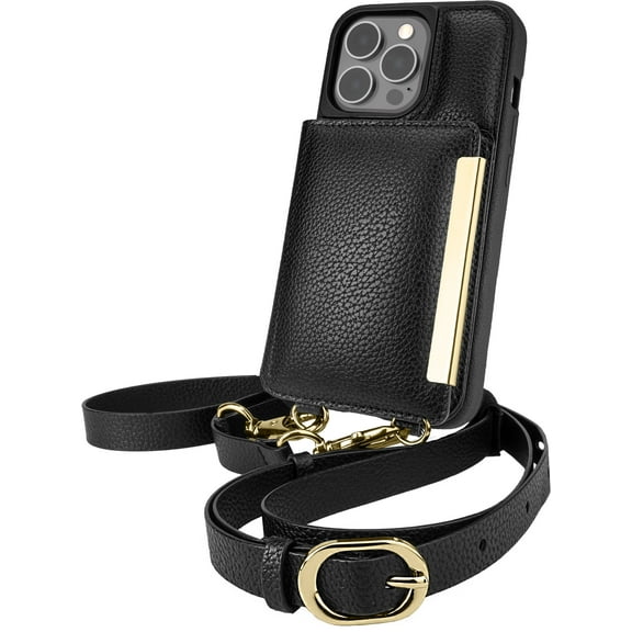 Smartish iPhone 13 Pro Crossbody Wallet Case - Dancing Queen [Purse/Clutch with Detachable Strap & Wristlet] Protective Cover with Credit Card Holder - Stiletto Black-Gold