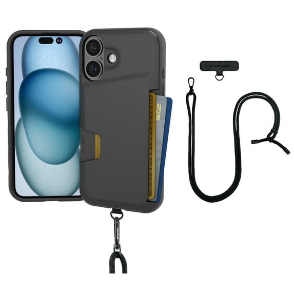 Smartish iPhone 16 Wallet Case with Crossbody Lanyard Strap - Wallet Slayer Vol. 1 - [Slim + Protective] Credit Card Holder with Universal Detachable Shoulder Neck Strap - Black Tie Affair