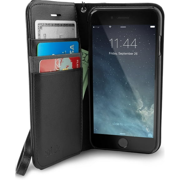 Smartish iPhone 8/7 Wallet Case - Keeper of The Things - Folio Wallet Synthetic Leather Portfolio Flip Credit Card Cover with Kickstand by Silk- Black Tie Affair