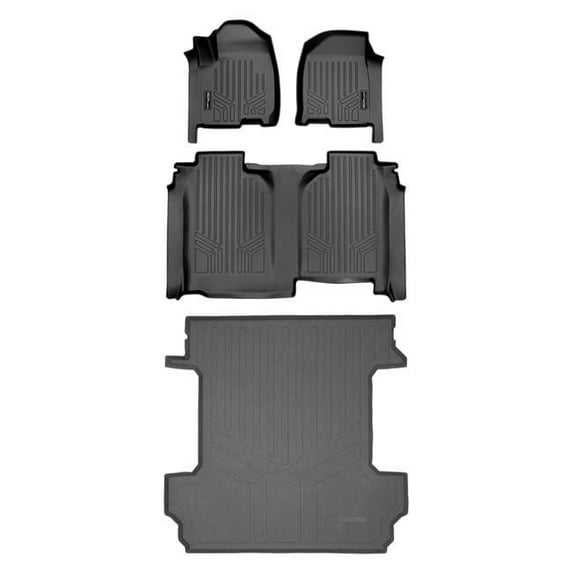 Smartliner SA0457-B0457-K0400 Custom 2 Row & Truck Bed Floor Mats Liner Set for Vinyl Floor with 1st Row Bench for 2019-2021 Chevy Silverado, Black
