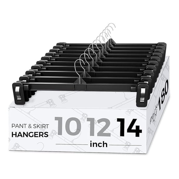 Smartor Space Saving Heavy Duty Hangers - 180 Pack, Slim Plastic Pants and Shorts Hangers, Ridged Non-Slip with Pinch Clips, 360-Rotating Swivel Hook, Black, 14 Inch