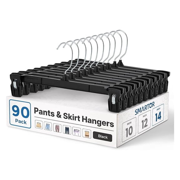 Smartor Space Saving Heavy Duty Hangers - 90 Pack, Slim Plastic Pants and Shorts Hangers, Ridged Non-Slip with Pinch Clips, 360-Rotating Swivel Hook, Black, 14 Inches