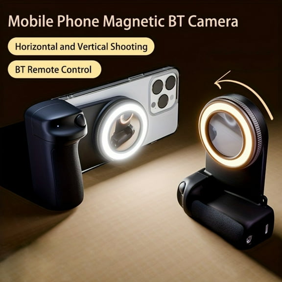 Smartphone Camera Grip with Magnetic BT Remote, 360 Rotating Magnetic Stand, Selfie Light, Removable Remote Shutter for Apple and Android