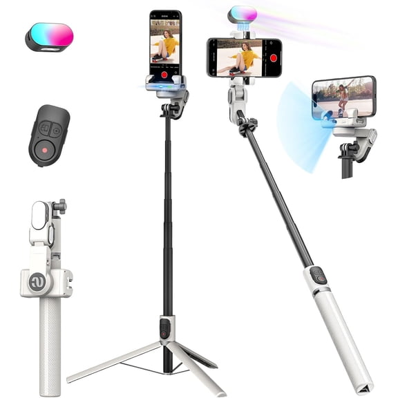 Smartphone Gimbal Stabilizer, Smart Face Tracking Tripod Without APP - 4 in 1 Cellphone Gimbal Stabilizer for iPhone&Android Extended 108cm Rod with RGB Fill Light,M2PRO White