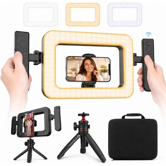 Smartphone LED Ring Light Video Rig Kit with Desktop Tripod Stand, Carrying Bag & Bluetooth Remote, Handheld Phone Stabilizer for Selfies, Makeup, Live Streaming, Vlogging