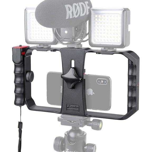 Smartphone Video Cage Rig, Filmmaking Vlogging Case, Phone Stabilizer Tripod Mount with Wireless Remote Shutter Fits for All iPhone and Android Smartphones