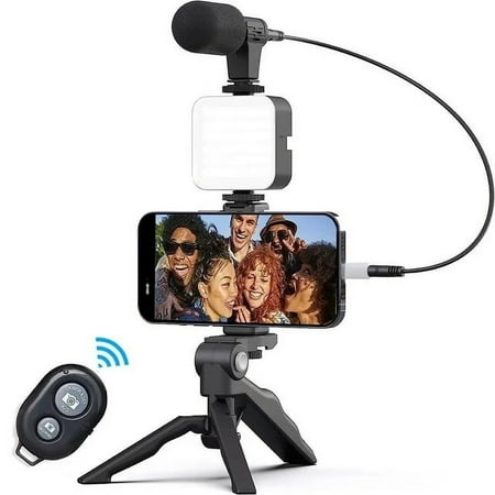 Smartphone Video Microphone Kit, Shotgun Mic Video Recording Accessories W/LED Light, Phone Holder, Tripod, Bluetooth Remote, Compatible with iPhone 12 Xs Max 11 Pro 8 Plus 7 Samsung Huawei, for TikTo