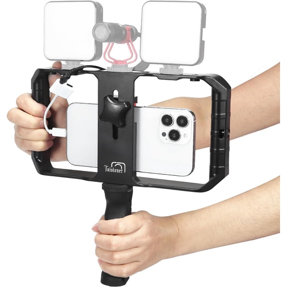 Smartphone Video Rig Hand Girp Stabilizer Filmmaking Vlogging Case Phone Video Stabilizer with Cold Shoe for Film Maker Video Grapher Compatible with iPhone 15/14/13/12/ Pro Max and Android