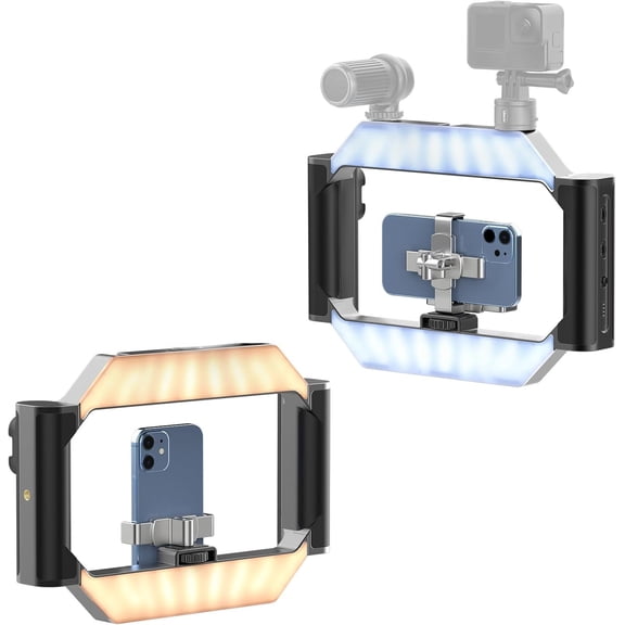 Smartphone Video Rig with Light, U-Rig Light Cell Phone Handheld Stabilizer with Ring Light 2500K-9000K CRI 90+ for Filmmaking Live Steam YouTube Video Recording, with 5000mAh Build-in Battery