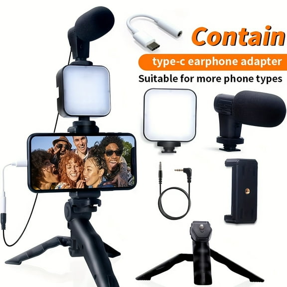 Smartphone Video Starter Kit - YouTube Vlogging Kit for Content Creators, LED Lights, Phone Stand, Microphone, Tripod, Compatible with iPhone/Smartphone/Camera (Black)