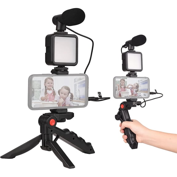 Smartphone Vlog Kit Mini LED Video Light + Cardioid Microphone + Extendable Phone Clip + Tripod with Adjustable Brightness for Live Stream Vlog Video Shooting Video Conference Selfie