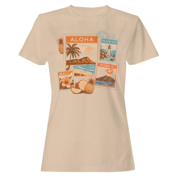 Smartprints Aloha Hawaii Vintage Postcard Women's T-Shirt Natural, Cotton, S