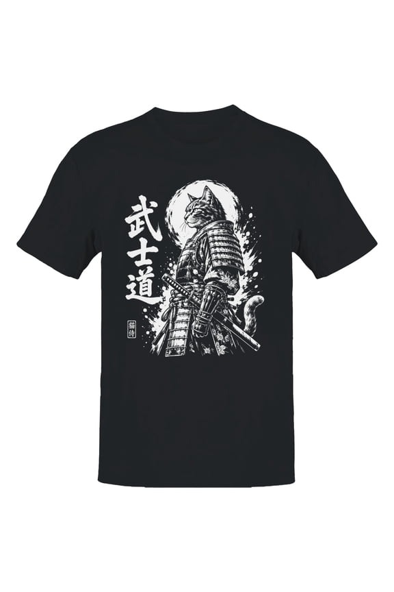 Bushido Cat Samurai Men's T-Shirt Black, Cotton, XL