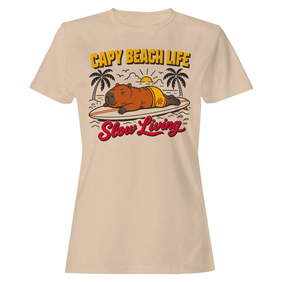 Smartprints Capy Beach Life Surfing Women's T-Shirt Natural, Cotton, S