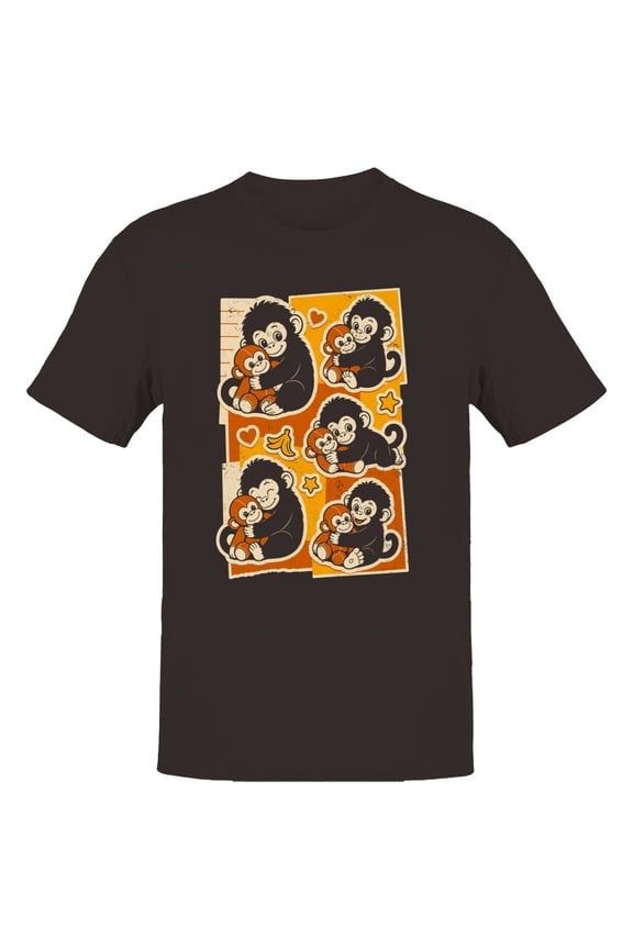 Cute Monkey Baby Hug Cartoon Men's T-Shirt Dark Chocolate, Cotton, S