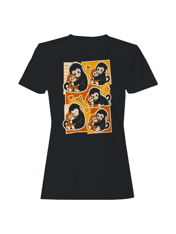 Cute Monkey Baby Hug Cartoon Women's T-Shirt Black, Cotton, XL