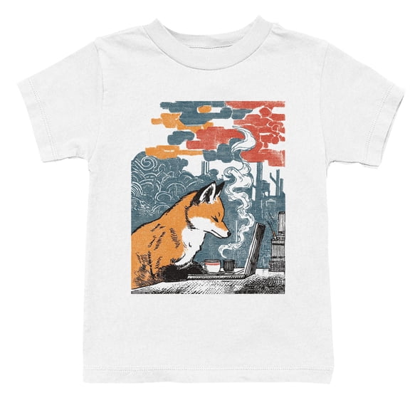 Smartprints Fox Working at Laptop with Coffee Youth's T-Shirt White, Cotton, XS