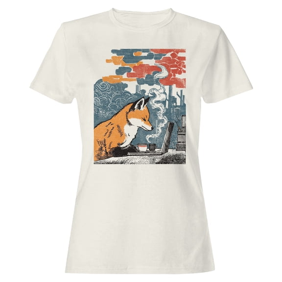 Smartprints Fox at Laptop with Coffee Women's T-Shirt Off White, Cotton, L