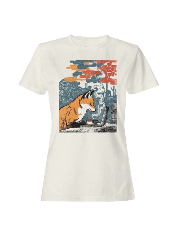Fox at Laptop with Coffee Women's T-Shirt Off White, Cotton, L