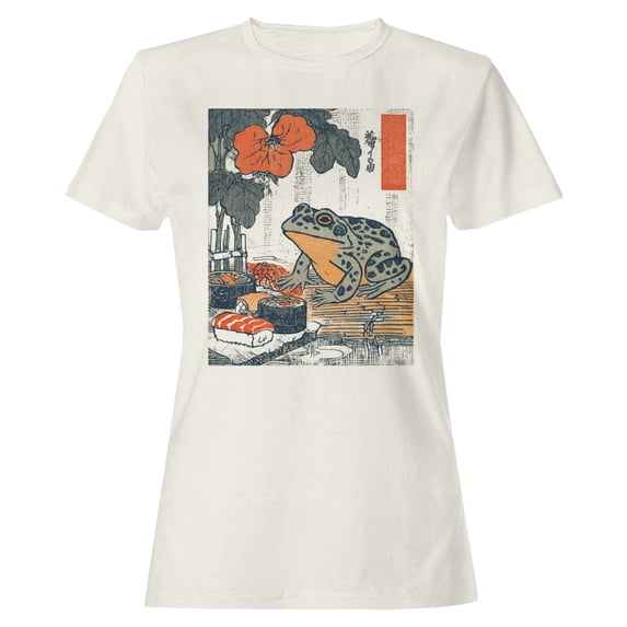Smartprints Frog Sushi & Japanese Flower Art Women's T-Shirt Off White, Cotton, XL