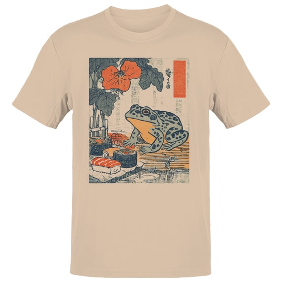 Smartprints Frog with Sushi and Flower Art Men's T-Shirt Natural, Cotton, S