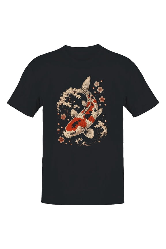 Japanese Koi Fish Cherry Blossoms Men's T-Shirt Black, Cotton, M