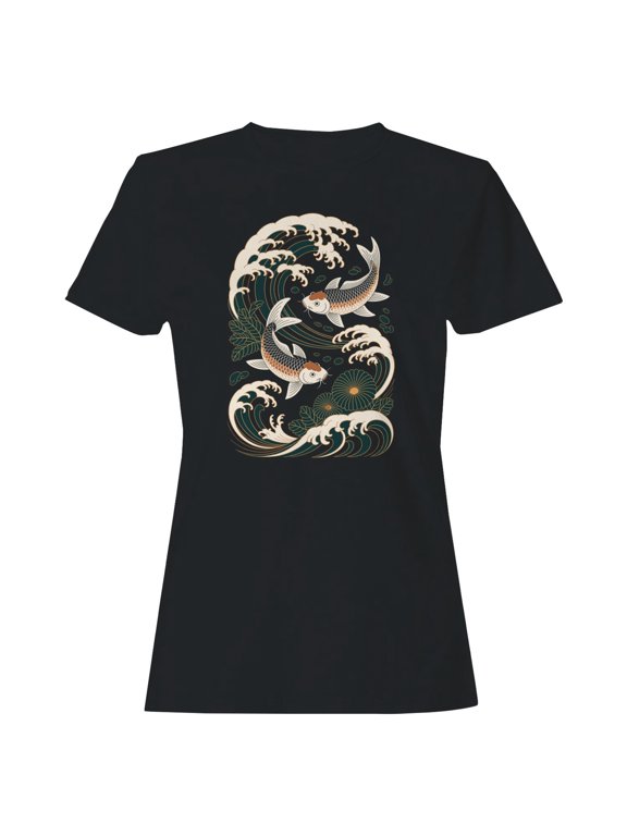 Japanese Koi Fish Ocean Waves Women's T-Shirt Black, Cotton, S