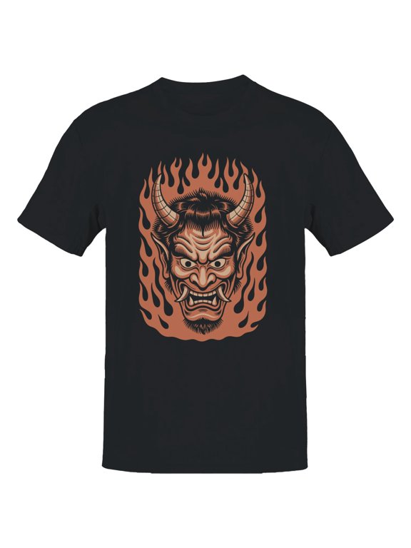 Japanese Oni Mask Flames Men's T-Shirt Black, Cotton, S