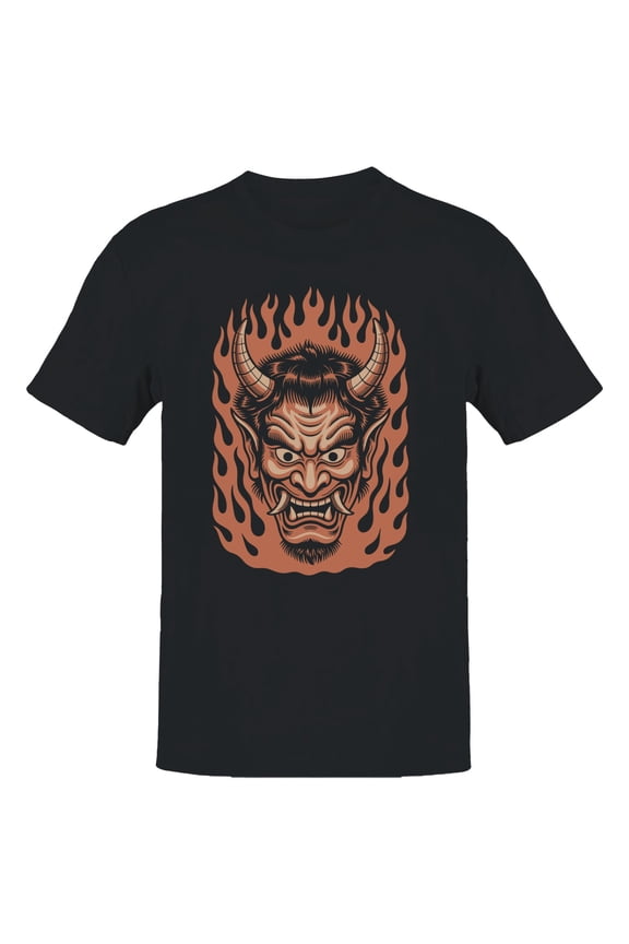 Japanese Oni Mask Flames Men's T-Shirt Black, Cotton, XL