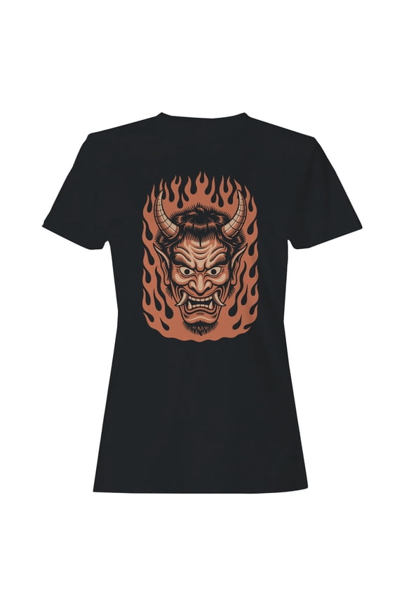 Japanese Oni Mask Flames Women's T-Shirt Black, Cotton, S
