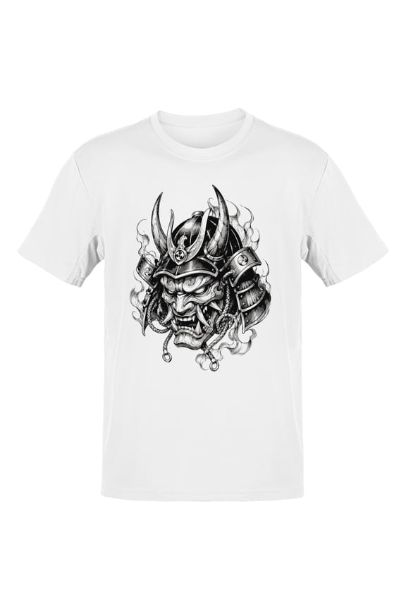 Japanese Oni Mask Samurai Demon Men's T-Shirt White, Cotton, L