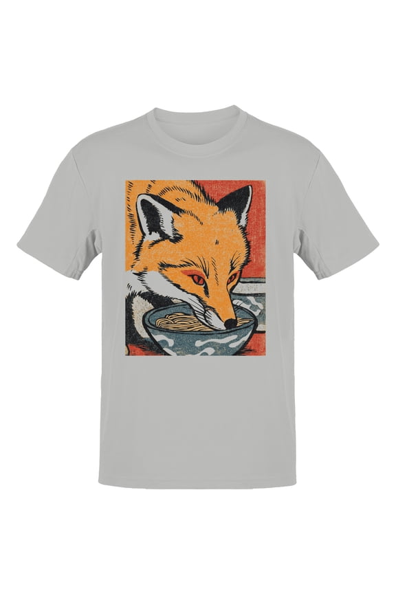Kitsune Fox Eating Ramen Vintage Men's T-Shirt Ash, Cotton, M