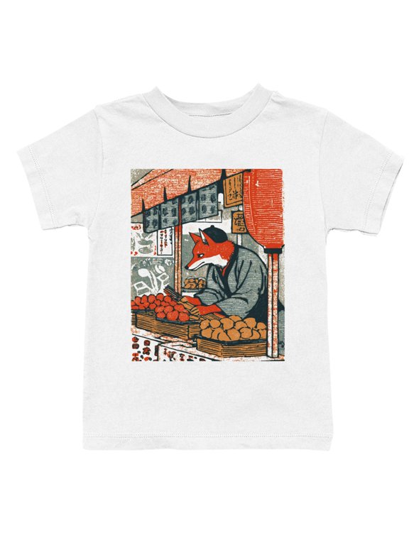 Kitsune Fox Yokai Japanese Market Art Youth's T-Shirt White, Cotton, L