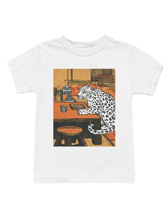 Leopard Japanese Tea Room Art Youth's T-Shirt White, Cotton, XS