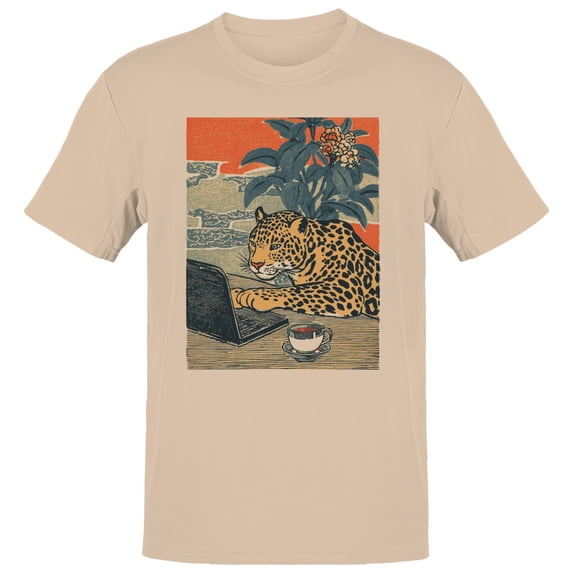 Smartprints Leopard Working on Laptop Men's T-Shirt Natural, Cotton, L