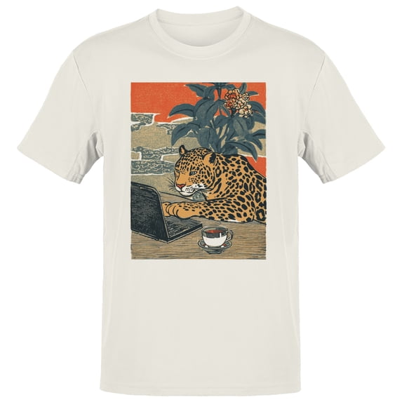 Smartprints Leopard Working on Laptop Men's T-Shirt Off White, Cotton, S