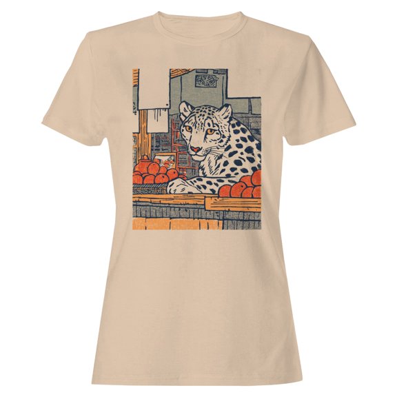 Smartprints Leopard in Fruit Market Vintage Art Women's T-Shirt Natural, Cotton, M