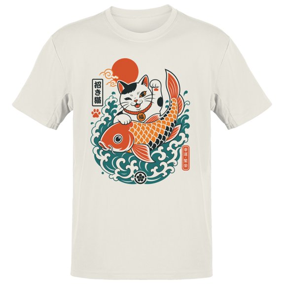 Smartprints Lucky Maneki Neko Koi Fish Men's T-Shirt Off White, Cotton, L