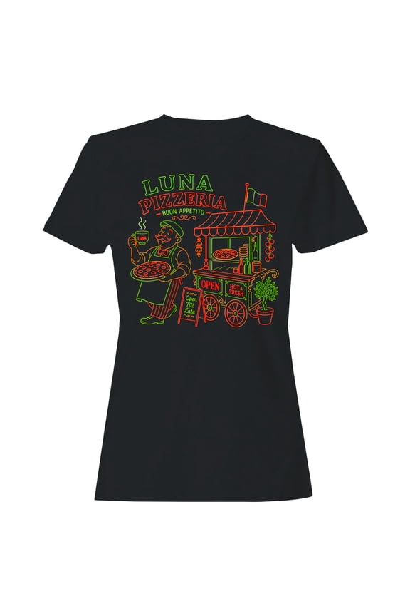 Luna Pizzeria Neon Sign Women's T-Shirt Black, Cotton, S
