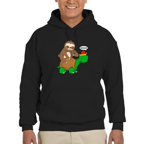 Smartprints Mens Graphic Hoodie Black - Sloth And Turtle Cotton Blend Classic Fit